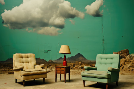 Two chairs and a table in a desert setting. AI.の素材