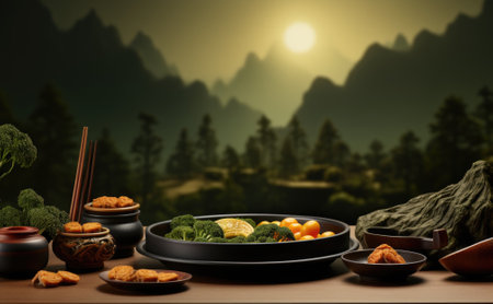 A table topped with bowls of food next to a mountain. AI.の素材