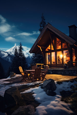 A cabin at night with a fire and a mountain view, AIの素材
