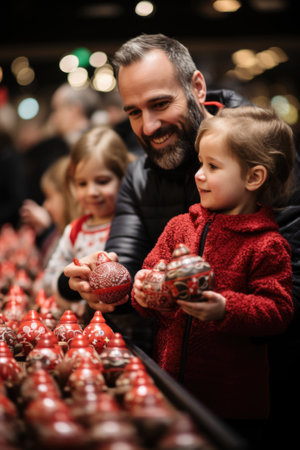 A man and two children looking at christmas ornaments, AIの素材