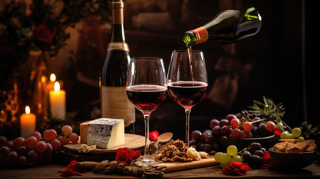 Wine and cheese on a table with candles and candles, AIの素材