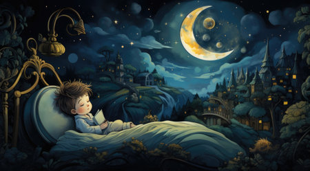 A little boy is reading a book in bed at night, AIの素材