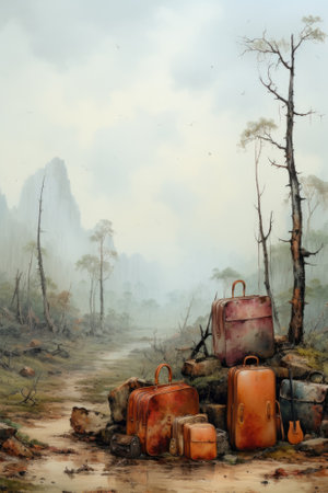 A painting of a dirt road with a bunch of luggage, AIの素材