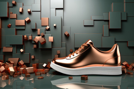 A sneaker shoe sitting on top of a shiny surface, AIの素材