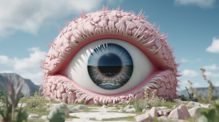 A close up of a single separate pink eye with a mountain in the background, AIの素材