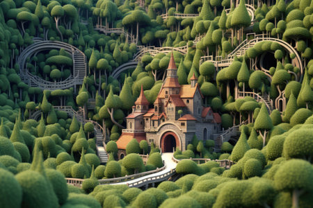 A model of a castle surrounded by trees, AIの素材