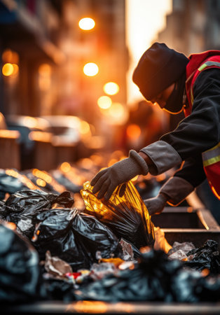 A man in a red vest is picking up trash, AIの素材