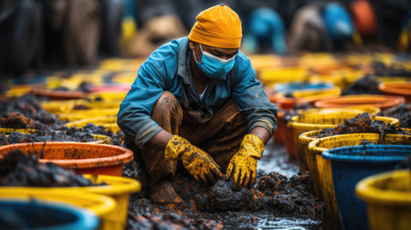 A man in a blue shirt and yellow hat is picking something in a dirt, AIの素材