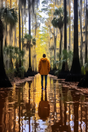 A person in a yellow jacket standing in a swamp, AIの素材