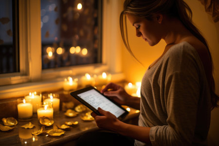 A woman is looking at a tablet in front of candles, AIの素材