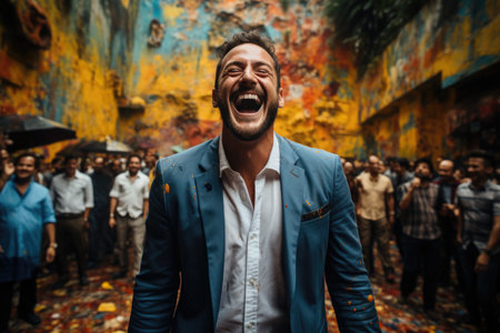 A man in a blue suit laughing in front of a crowd of people, AIの素材