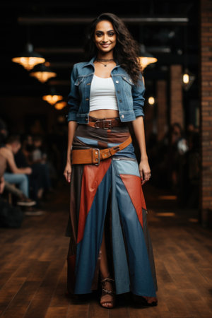 A woman standing on a runway wearing a skirt, AIの素材