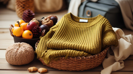 A basket of fruit and a sweater on a table, AIの素材