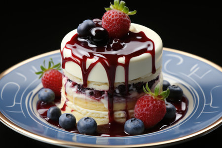 A blue and white plate topped with a cake covered in berries, AIの素材