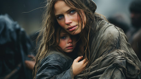 A woman holding a child wrapped in a blanket, AIの素材