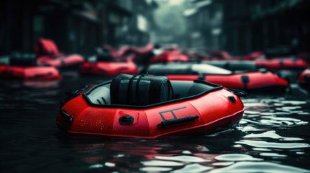 A red raft in the middle of a flooded street, AIの素材