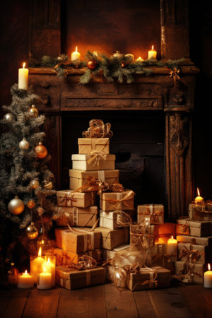 Christmas presents and candles in front of a fireplace, AIの素材