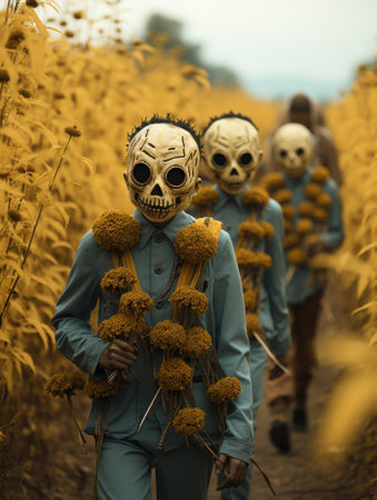 Three people wearing scary masks walking through a field of yellow flowers, AIの素材