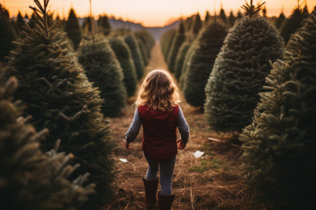 A little girl walking through a christmas tree farm, AIの素材