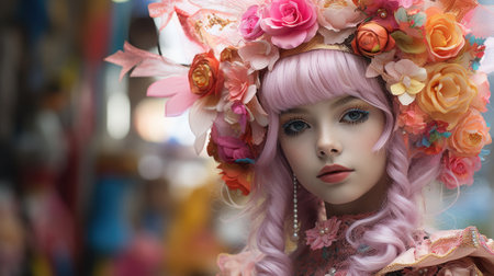 A girl with pink hair wearing a flower headpiece, AIの素材