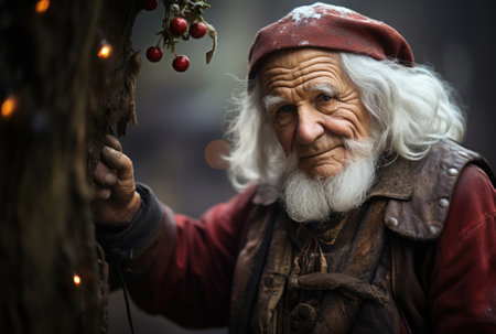 An old man with white hair and beard is leaning against a tree, AIの素材