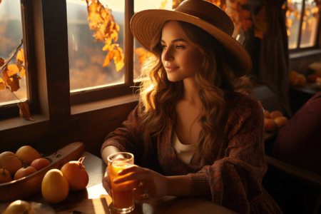A woman in a hat sitting at a table with oranges and apples, AIの素材
