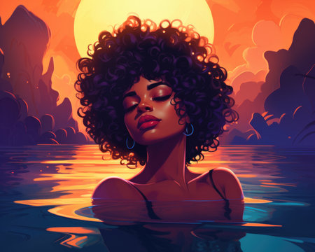 An afro woman in the water with a sunset in the background. AIの素材