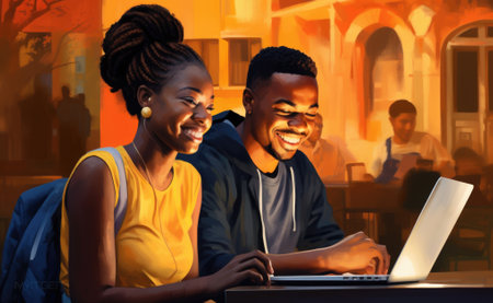 A couple using a laptop in a cafe. AIの素材