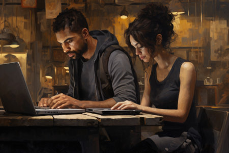 A man and woman sitting at a table with a laptop. AIの素材