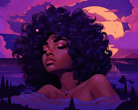 An illustration of a woman with curly hair and a purple sky. AIの素材