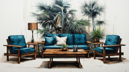 A painting of a living room with blue furniture, AIの素材