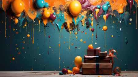 Colorful balloons and presents on a blue background, AIの素材