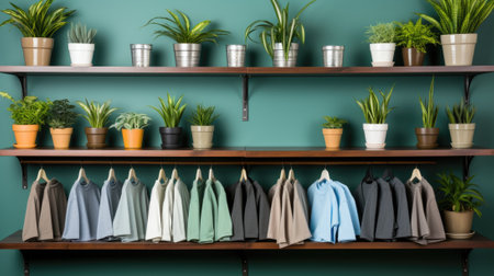 A shelf with various shirts and potted plants, AIの素材