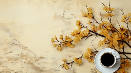 A cup of coffee and a branch of yellow flowers, AIの素材