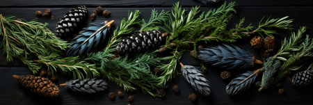 Pine cones, spruce branches, and other herbs on a dark wooden background, AIの素材