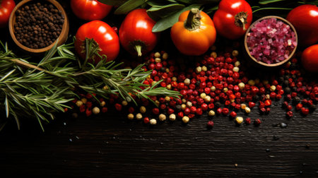Various vegetables and herbs on a wooden table, AIの素材