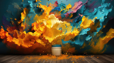 A jar of paint is sitting on a table with a colorful splash, AIの素材