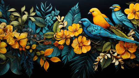 A painting of colorful birds and flowers, AIの素材