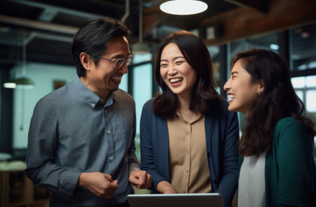 Three asian business people laughing and smiling. AIの素材