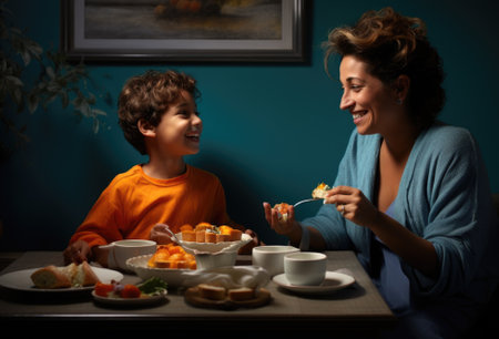 A woman and a boy eating breakfast together. AIの素材