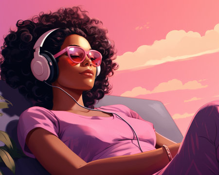 A woman with headphones and pink shirt is relaxing on a couch. AIの素材
