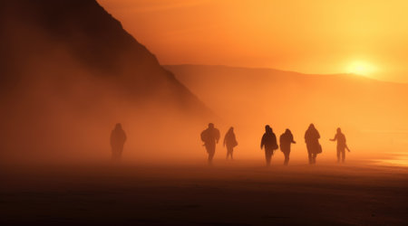 A group of people walking in a desert at sunset. AIの素材