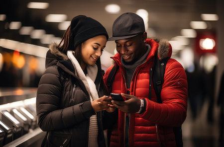 A couple looking at their cell phone in an airport. AIの素材
