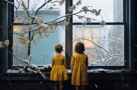 Two little girls in yellow dresses looking out the window. AIの素材