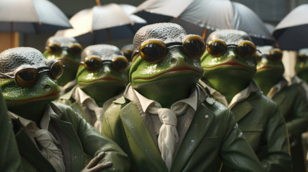 A group of green frogs wearing suits and sunglasses. AIの素材