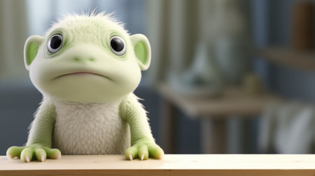 A cartoon green lizard sitting on a table, AIの素材