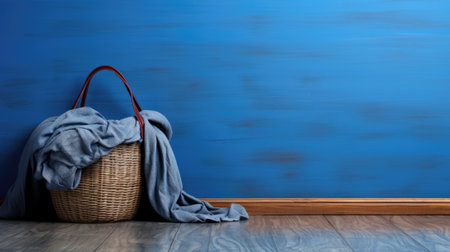 A basket with blue cloth on the floor and a wooden floor, AIの素材