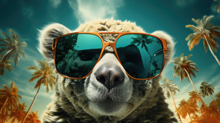 A bear wearing sunglasses in front of palm trees, AIの素材