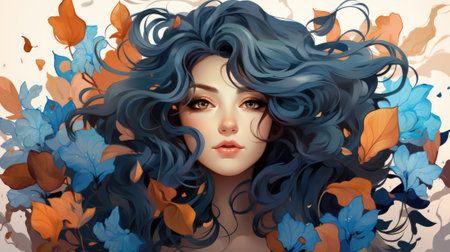 A woman with blue hair and flowers, AIの素材