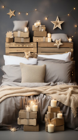 Christmas bedroom with candles and gifts, AIの素材